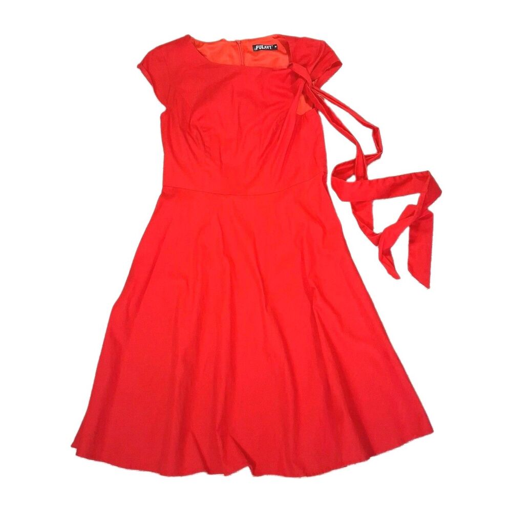 Sz M ​PUKAVT Red Dress Cap Sleeve Fit Flare A Line With Tie Belt Cocktail Womens